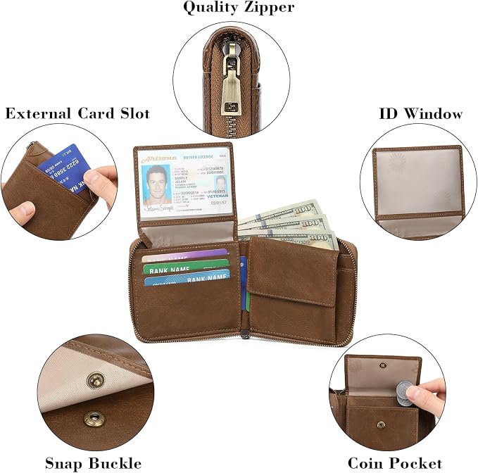 GAEKEAO Zipper Wallet for Men Vegan Leather RFID Blocking Large Capacity Bifold Wallets with ID Window Change Pocket