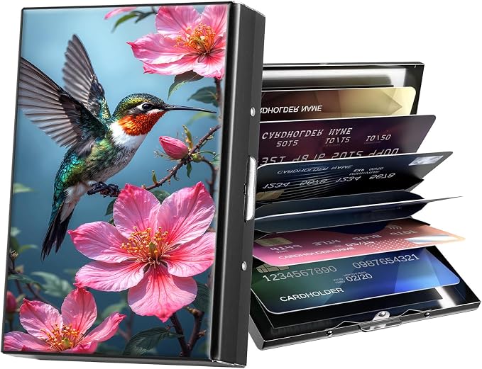 Metal Wallet,Credit Card Holder for Women Men,RFID Blocking Card Holder Mini Slim Aluminum Wallet ID Case Hard Case Business Card Holder Case,Hummingbird Flower