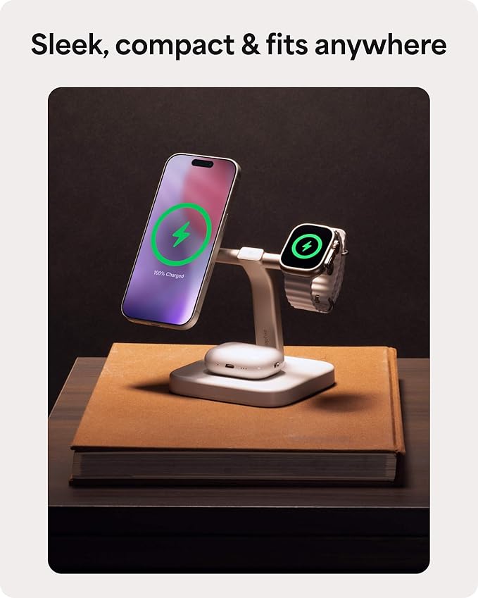 Mophie Wireless Charging Stand - Qi2-Certified, MagSafe Charger for iPhone – Magnetic Fast Wireless Charger with Adjustable Phone Stand & Cable Management – Up to 15W Power