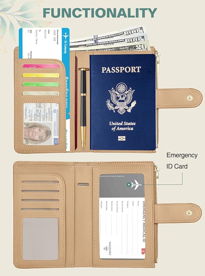 Passport Holder for Travel, Leather Passport Wallet with Airtag Slot, RFID Blocking Travel Wallet for Women Men, Passport Cover with Air Ticket Card Cash Coin Pocket, Travel Essentials Gift