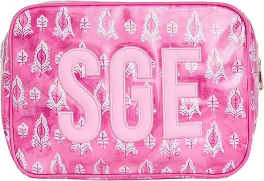 Personalized Clear Coated Pouch - Medium or Large Toiletry Bag with Embroidered or Applique Monogram, Custom Makeup or Travel Organizer, Easy-Clean Cosmetic Bag, Travel Gift for Women (Pink Lotus, XL)