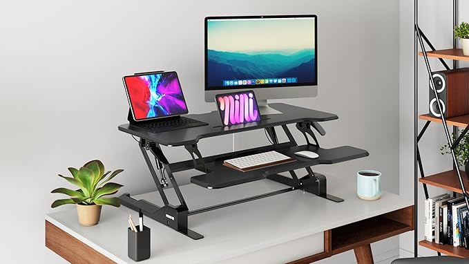 Mount-It! 38 Inch Standing Desk Converter - Gas Spring Sit Stand Desk Riser for Dual Monitors - Height Adjustable Desktop Workstation with Keyboard Tray - Black