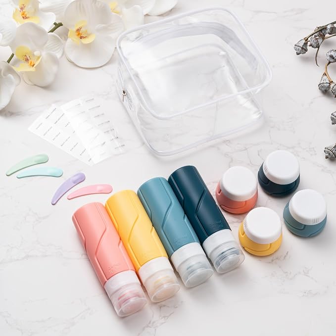 Travel Bottles - 15 Pack, TSA Approved Travel Size Toiletries, Leak Proof Silicone Squeezable Containers in Clear Bag(Blue)