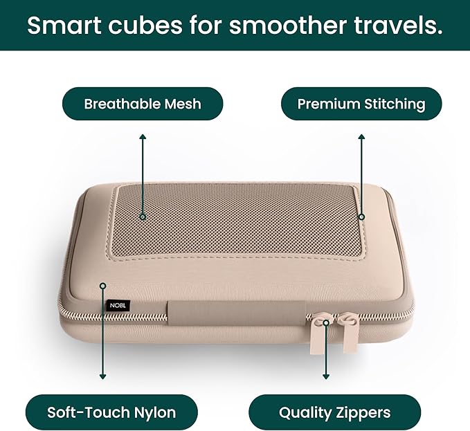 Nobl Travel Compressible Packing Cubes Set, 6 Pieces Travel Packing Organizers, Compression Luggage Cubes for Suitcases & Carry On, Space Saving (XXS, XS, S, M, L, XL) - Sand