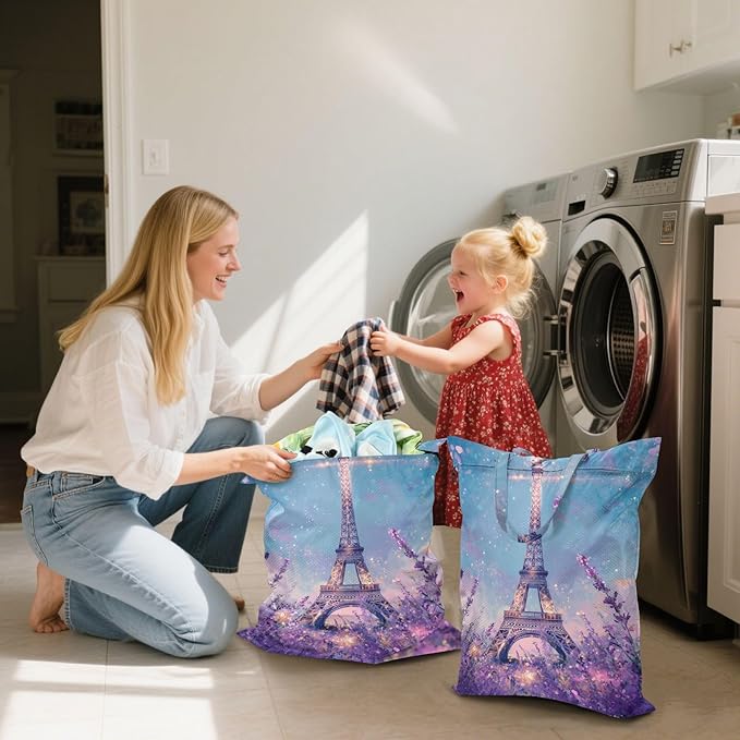 Travel Laundry Bags 2 PC Wet Dry Bag with Handle Dirty Clothes Organizer for Swimsuits Beach Camping Waterproof Washable Lavender Eiffel Tower Purple