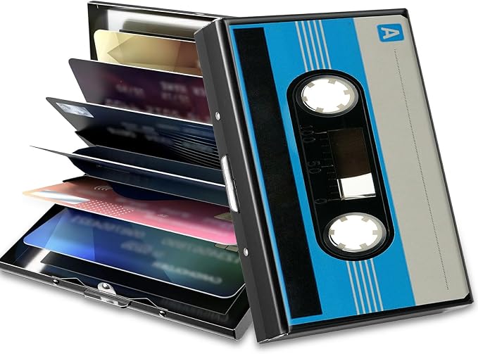 Slim Credit Card Holder, Blue Cassette RFID Blocking Metal Wallet for Men & Women, Aluminum Minimalist Hard Case Pocket-Sized Business Cards Organizer (Fits Up to 10 Cards)
