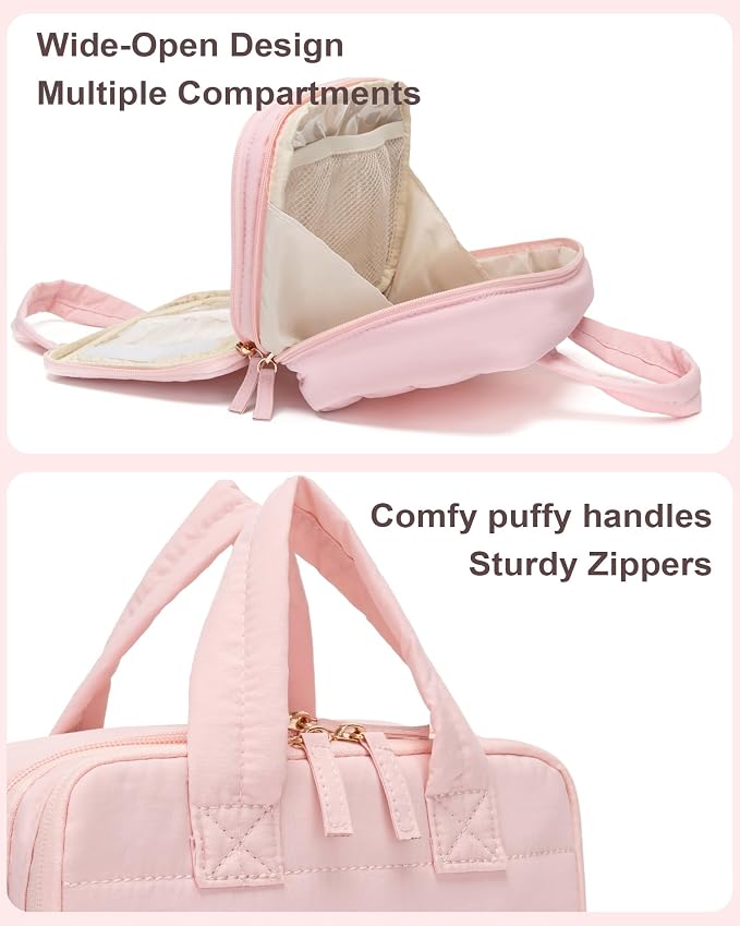Small Makeup Bag, Travel Cosmetic bag, Toiletry Bag For Women, Make up Bag With Brush Storage, Hanging Toiletry Bag, Puffy Padded Makeup Organizer Case, Wide-open Travel Essentials (Pink)