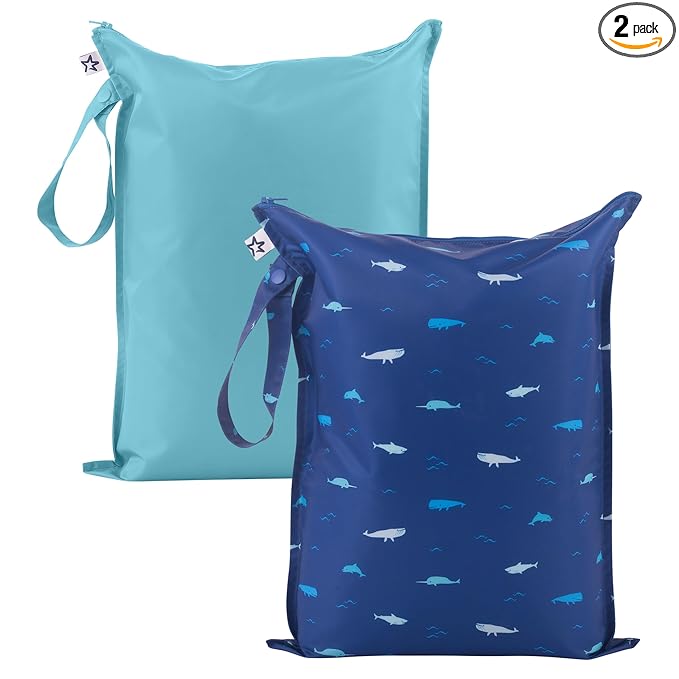 Tiny Twinkle Mess Proof Wet Bags | 2-Pack Reusable Waterproof Wet Bags for Swimsuits | Baby Clothes | Travel & Diaper Bag (Ocean)