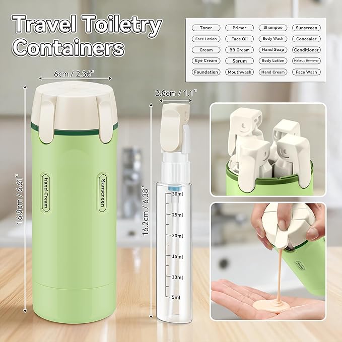 4 in 1 Travel Dispenser Bottle, 30ML/Pack Squeeze Bottles, Portable Refillable Containers for Toiletries/Shampoo/Conditioner/Shower Gel (Green)
