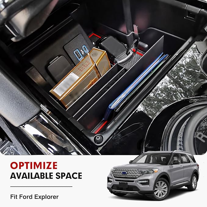 Autorder Center Console Organizer for Ford Explorer 2020 2021 2022 2023 2024 Accessories Armrest Storage Box Secondary Insert Tray with Red Mat