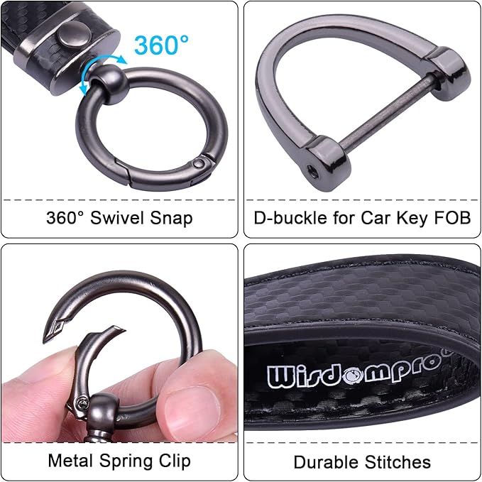 Wisdompro Carbon Fiber Style Car Keychain, Microfiber Leather Key Chain, Universal Key FOB Keychain Holder for Men and Women, with Anti-lost D-ring, 3 Keyrings - Black (with round connector)