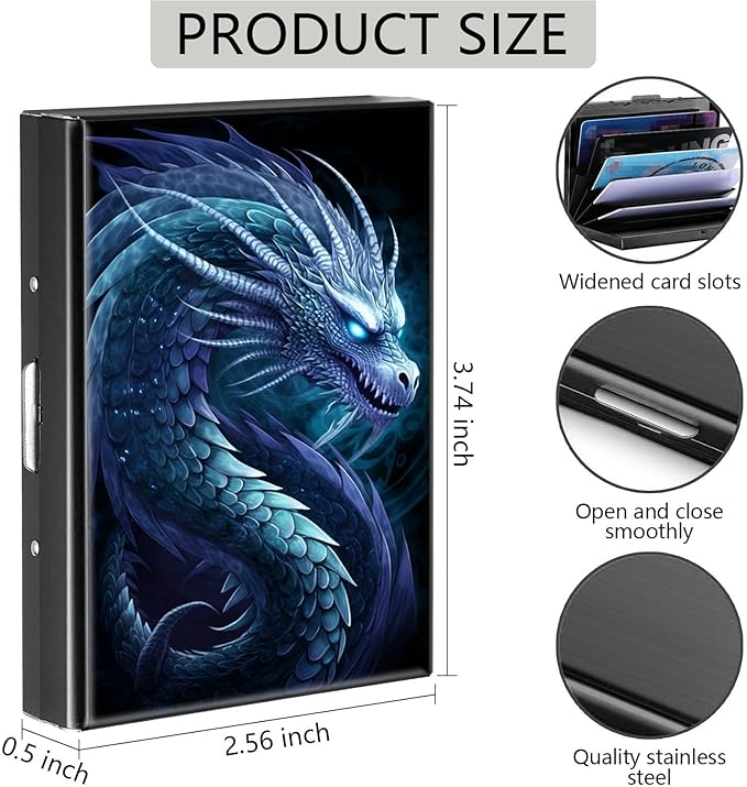 Credit Card Holder, Cool Dragon Design Mini RFID Blocking Aluminum Wallet Slim Metal Hard Case Shell Travel Wallet ID Case Small Credit Cards Case Business Cards for Women Men Girls