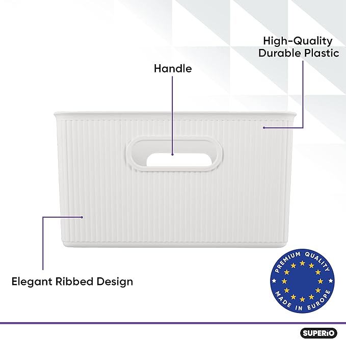 Superio Ribbed Collection - Decorative Plastic Basket Lidded Home Storage Bins Organizer, Large White (1 Pack - 15 Liter) Stackable Container Box, for Organizing Closet Storage Bins for Shelves