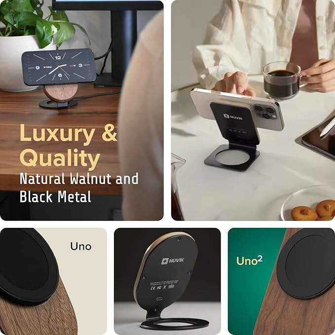ARK Uno² - Solid Wood Phone Stand Magnetic Wireless Charging Station w/Adapter & USB to USBC 15W Wireless Charger. Home, Office, Kitchen,Best Mens Gifts!