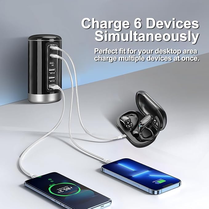 Universal USB Tower Fast Charging Station 6-Port 150W - Compact, Space-Saving Design with Multiple USB-C Ports for All Series iPhone Galaxy Note Pixel iPad Multiple Devices