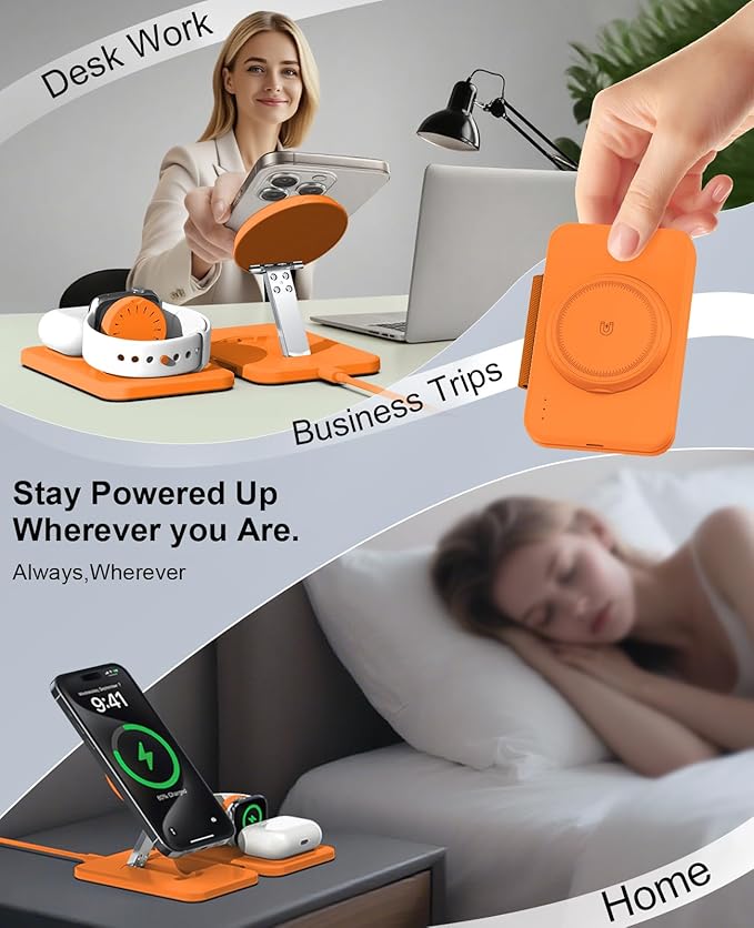 3 in 1 Magnetic Wireless Charger for Apple Multiple Devices, Foldable Fast Charging Station - Magsafe Charger Stand, Travel Charger Pad for iPhone 17 16 15 14 13 12 Series/Apple Watch/AirPods Orange