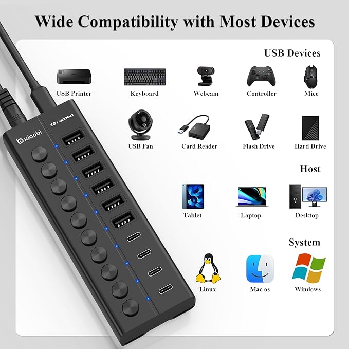Powered USB Hub, 10-Port USB C Hub with 6 USB-A 3.2, 4 USB-C 3.2 Ports, Individual Switches and 12V/5A Power Adapter, Aluminum USB Extension for MacBook, Laptop/PC and More(Black)