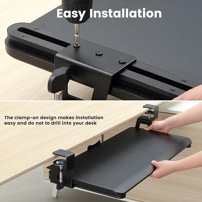 Keyboard Tray Under Desk, Slide Out Computer Keyboard & Mouse Tray with C Clamp-on Mount Easy to Install,30" W（Including Clamps） X 12" D Large Size,Black