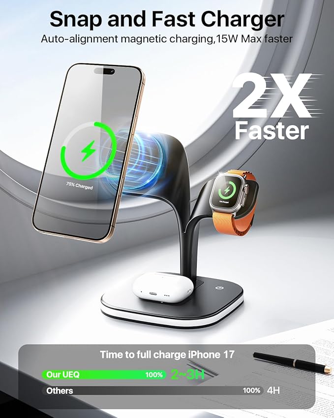 EXW Wireless Charging Station for Magsafe Charger,Charging Station for Multiple Devices,Wireless Charger for iPhone 17 Air 16 15 14 13 12,Apple Watch,AirPods with LED(Black)