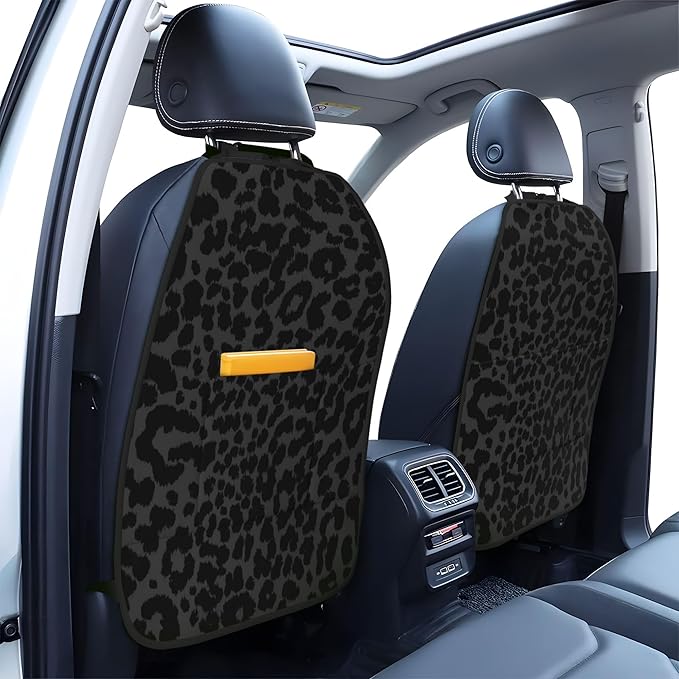 2 PCS Black Leopard Print Car Backseat Organizer,Waterproof Oxford Kick Mats Back Seat Protector with 3 Storage Pockets,Car Back Seat Organizer for Kicking Feet Pet Scratch