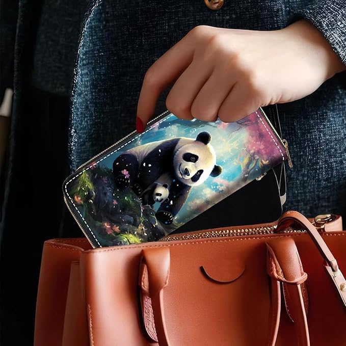 Women's Large Capacity Wallet, Portable PU Leather Zipper Wallet for Smart Phone/Card/Coin/Cash, Multifunctional Clutch Wallet with Removable Wristlet Strap, Cute Panda