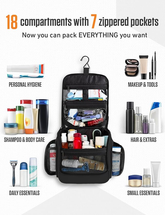 VENTURE 4TH Hanging Travel Toiletry Bag for Women & Men – Large Toiletry Organizer with 18 Compartments, Removable TSA Pouch, Travel Wash Bag for Toiletries, Makeup & Shaving Kit (Black)