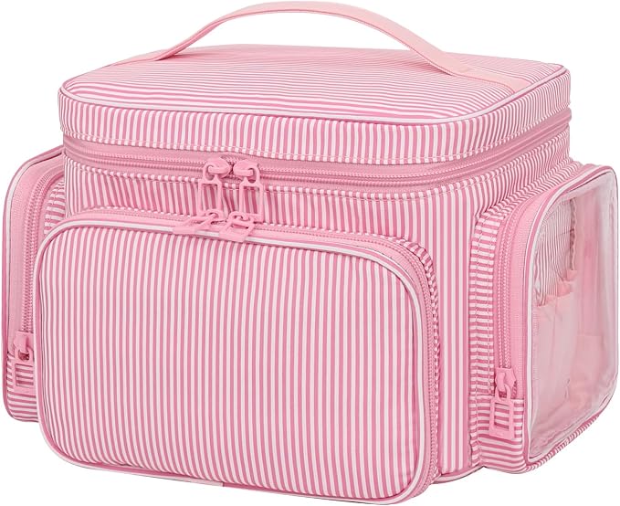 Large Makeup Bag, Portable Travel Makeup Bag Organizer for Women Girls with Makeup Brush Compartment & Two Side Pockets, Cosmetic Travel Bag Vertical Storage Toiletry Bag - Pink Stripe