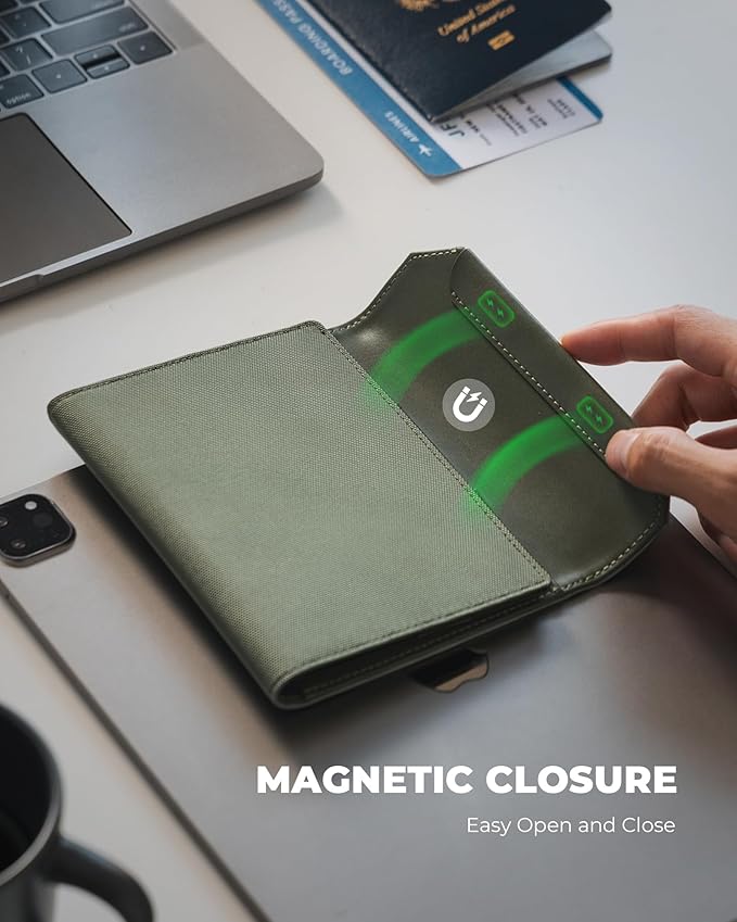 VULKIT RFID Blocking Leather Passport & Card Holder, Dual Person Travel Passport Wallet with Secure Magnetic Closure, Green