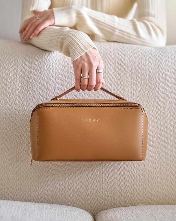EACHY Travel Makeup Bag, Large Capacity Cosmetic Bag for Women, Waterproof PU Leather, Flat Open Portable Toiletry Bag for Skincare, Brushes & Travel Essentials