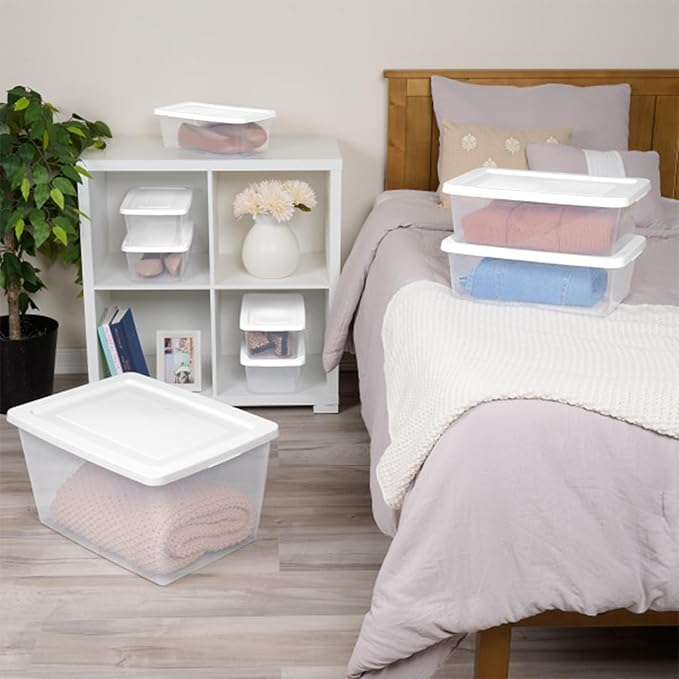 Sterilite 12 Pack Storage Boxes, Clear Plastic Stackable Containers, Lightweight Home Organizers with Snap Lids, 58 Quart, White