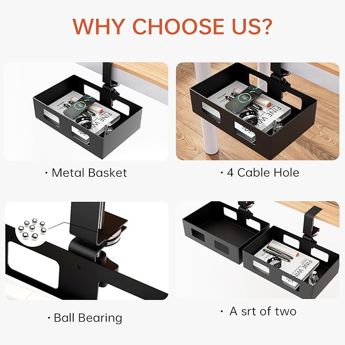 Clamp-on Side Desk Swivel Organizer, Under Desk Hidden Storage Drawer with Cable Hole, Hanging Desk Rotated Metal Basket for Extender Desk Space