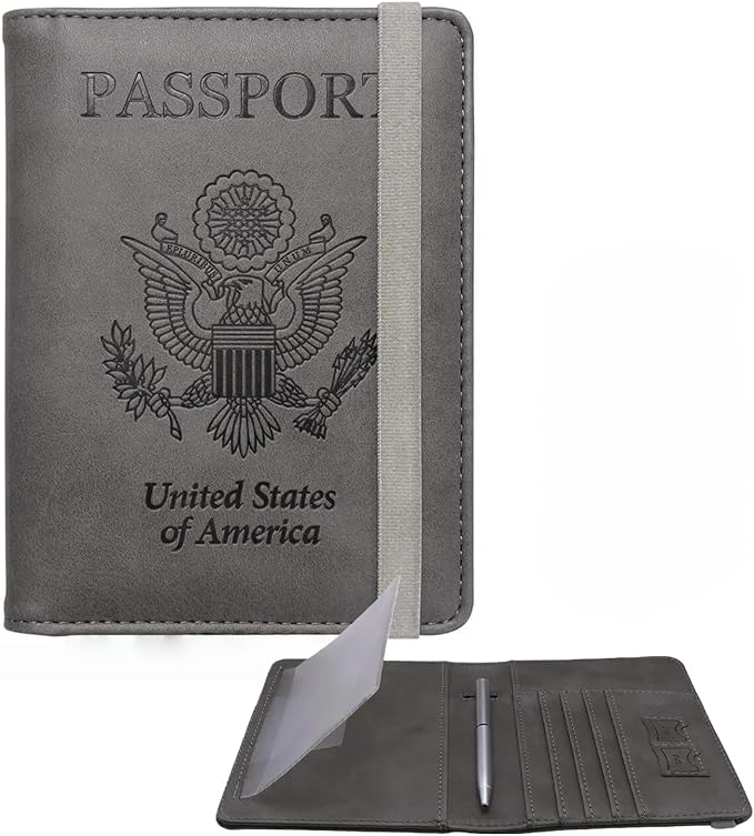 WALNEW Passport Holder for Travel, RFID Passport Cover Wallet for Women Men, PU Leather Passport Book Card Holder Case with Pen (Upgraded, Upgraded-Gray)