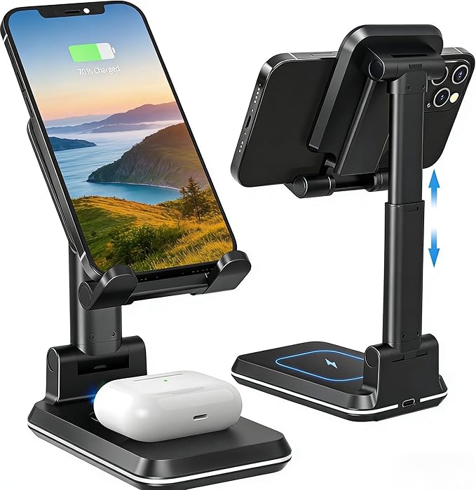 Wireless Charger, 2 in 1 Wireless Charging Station, Phone Charger Stand Phone Holder for Desk Compatible with iPhone 17 16 15 14 13 12 Pro Max Plus, Airpods 4 3 2 Pro, Samsung S25 S24 S23 Note 20