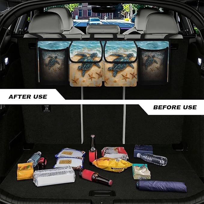 Sea Turtle Car Trunk Organizer,Beach Design Backseat Trunk Organizer with 4 Pocekt,Backseat Hanging Car Storage Bag Foldable Cargo Storage Not Easy to Fade