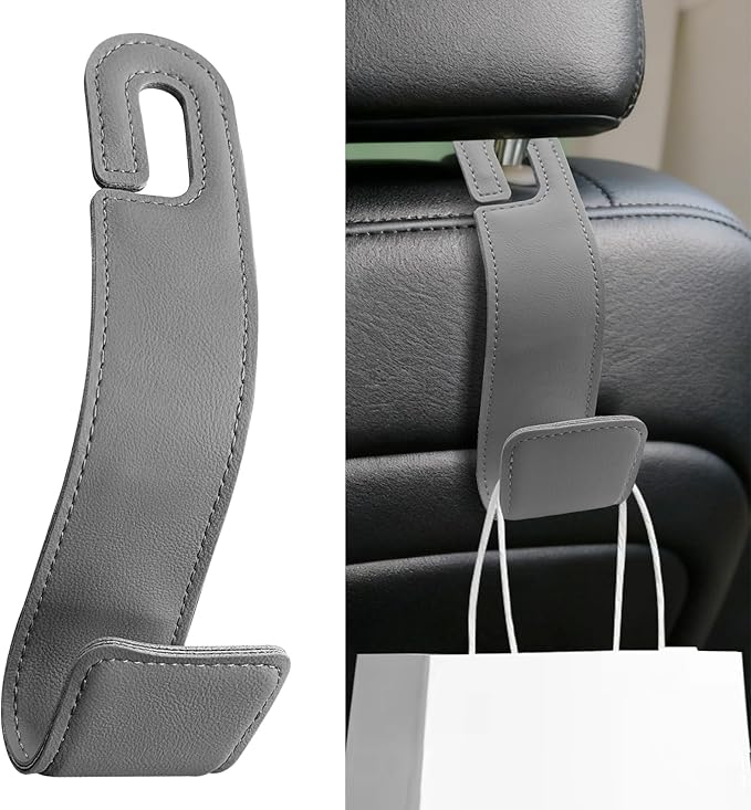 Car Seat Headrest Hooks, Purse Hook for Car, Automotive Headrest Handbags Holder, Auto Accessories Leather Seatback Organizer Hanger for Hanging Purses Bags Coats (Gray, 1PCS)