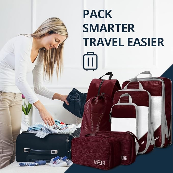 7 Set Compression Packing Cubes for Travel - Compressible, Lightweight, and Space-Saving Packing Cubes, Travel Essentials for Women, Wine
