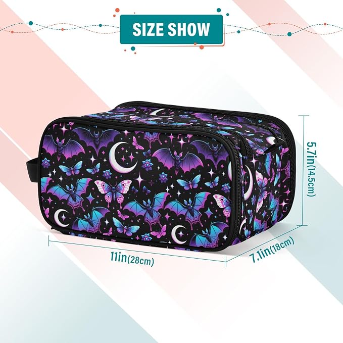 MNSRUU Large Capacity Makeup Bag, Neon Purple and Bats Stars and Moons Cosmetic Bag Portable Toiletries Pouch with Compartments Makeup Organizer Case for Travel Women