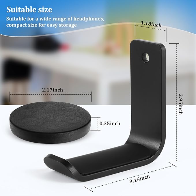 Magnetic Headphone Holder, Aluminum Headset Hooks, Headphone Hanger for Desk & Table, Headphone Mount Stand with Rubber Pad, Compatible with All Computer/Gaming Headsets (Black)