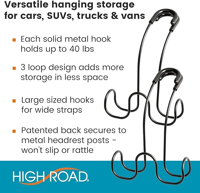 High Road Metal Car Hooks for Purses and Bags - Unbreakable Headrest Car Hooks for Large Purse Straps and Heavy Bags up to 40 lbs - Secure Attachment Loops Fit All Headrest Posts (Triple Hook 2-Pack)
