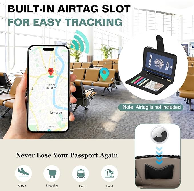 Passport Holder for Travel, Leather Passport Wallet with Airtag Slot, RFID Blocking Travel Wallet for Women Men, Passport Cover with Air Ticket Card Cash Coin Pocket, Travel Essentials Gift