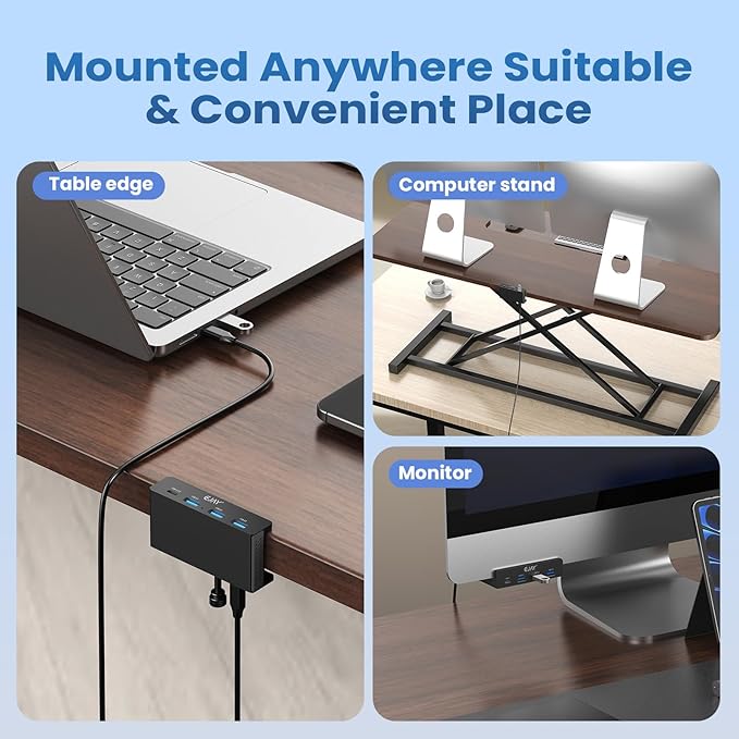 EJAY Mountable 4Ports USB3.0 HUB Alu Desktop Clamp Type C USB3.0 Splitter for Desk/Monitors with Extra Power Supply Port,59inches Data & 39inches Power Cables-5Gbps, Black