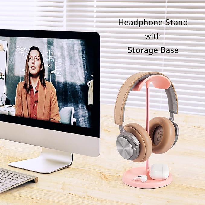 Headphone Stand, Curved Headset Stand with Storage Tray, Heavy Base Gaming Headset Holder for AirPods Max, AirPods Pro, Beats, Bose, Sennheiser, Sony and More (Pink)