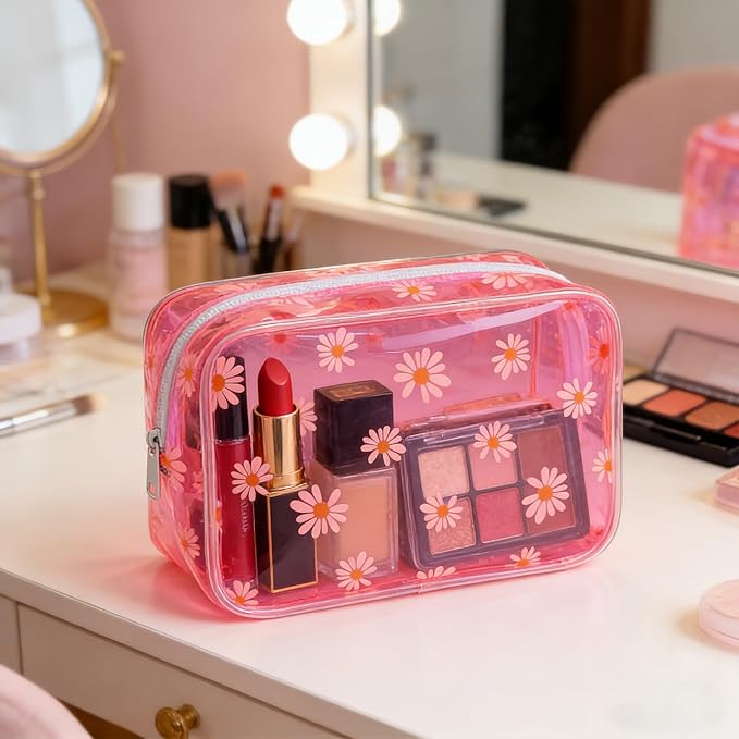 Neon TSA Approved Clear Toiletry Pouch, 7"x2.3"x4.7" Size, PVC Travel Makeup Bags for Toiletries, Transparent Cosmetic Bag for Women and Men Small (Daisy~6PCS)