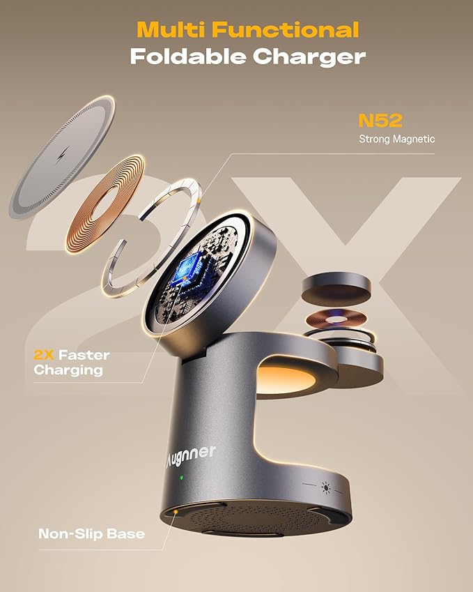 4 in 1 Charging Station Compatible with MagSafe Charger, Foldable Magnetic Wireless Charger with Night Lamp, 15W Fast Charging Stand for iPhone 17/16/15/14/13/12, Apple Watch, AirPods (20W Adapter)