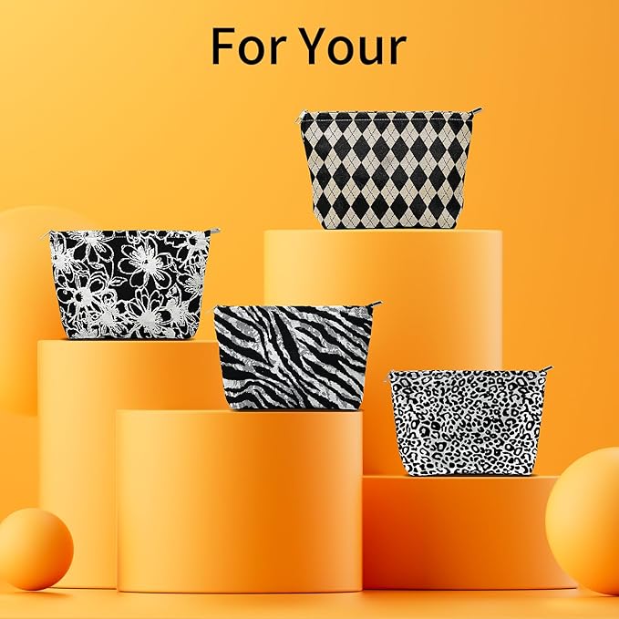 Zebra Print Makeup Bag for Women,Travel Make up Bag with Zipper Lining, Canvas Makeup Pouch for Purse, Cosmetic Pouch for Toiletry, Cosmetic, Sunscreen, Hygiene, Skincare, SPF, Medicine, Sunblock