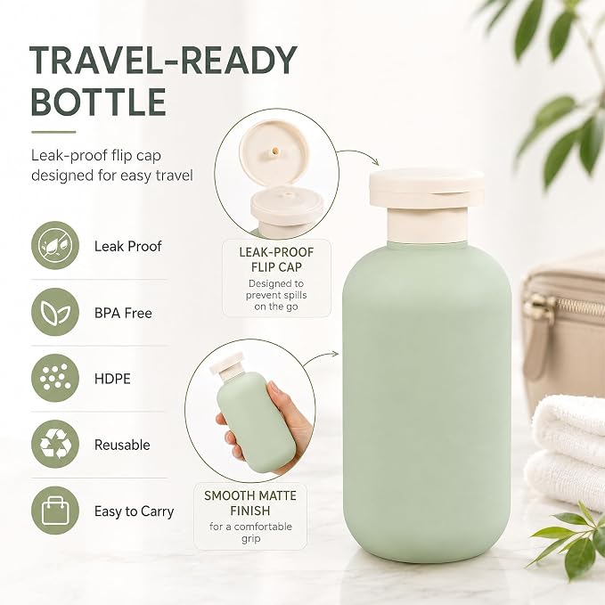 METAPACK 4Pack 6.8oz Travel Shampoo Bottles with Labels, Refillable Travel Bottles, Flip Top Squeeze Bottles, Portable Plastic Toiletry Containers for Lotion, Conditioner & Body Wash(blue, green)