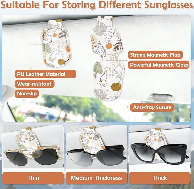 Sunglasses Holder for Car Visor - 2 Packs Magnetic Leather Sunglasses Clip for Car Boho Plant Visor Sunglass Holder Ticket Card Hanger Clips Auto Interior Accessories for Women Men SUV Truck