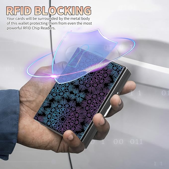 Slim Credit Card Holder, Purple Blue Mandala RFID Blocking Metal Wallet for Men & Women, Aluminum Minimalist Hard Case Pocket-Sized Business Cards Organizer (Fits Up to 10 Cards)