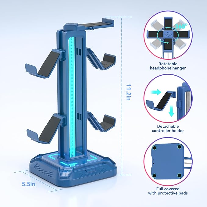 KDD Headset Stand with Light Modes - Controller Holder for Desk - Rotatable Headphone Stand & Detachable Controller Hook for PC Earphone Accessories(Blue)
