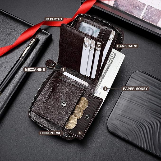Mens Genuine Leather Zipper Wallet RFID Secure Large Capacity Double Fold Multi-card Leather Wallets for Men and coin purse